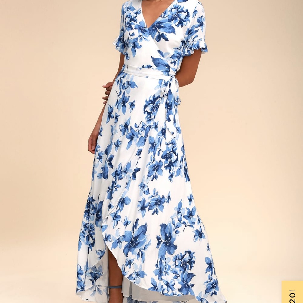 Lulus blue & white floral wrap dress